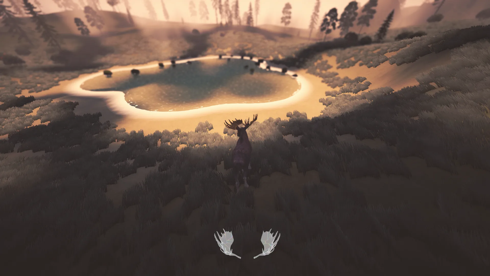 A lone moose above a glowing lake