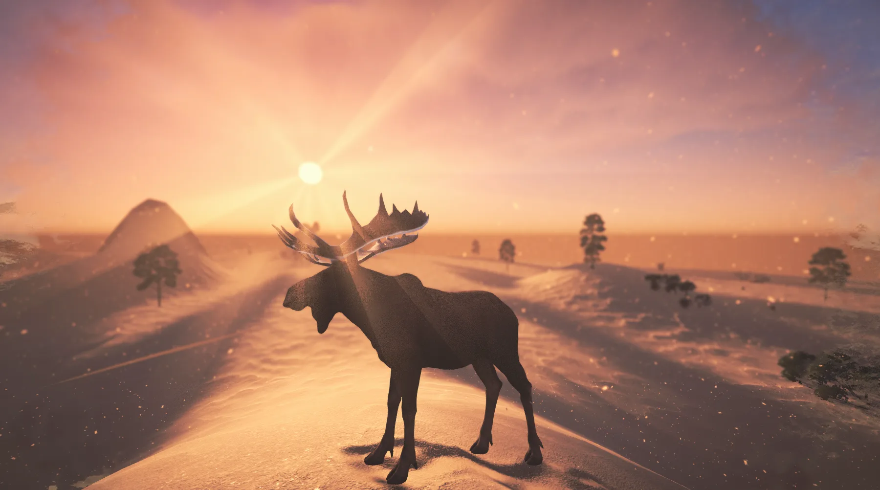 Moose Migration — moose on a snow ridge at sunset